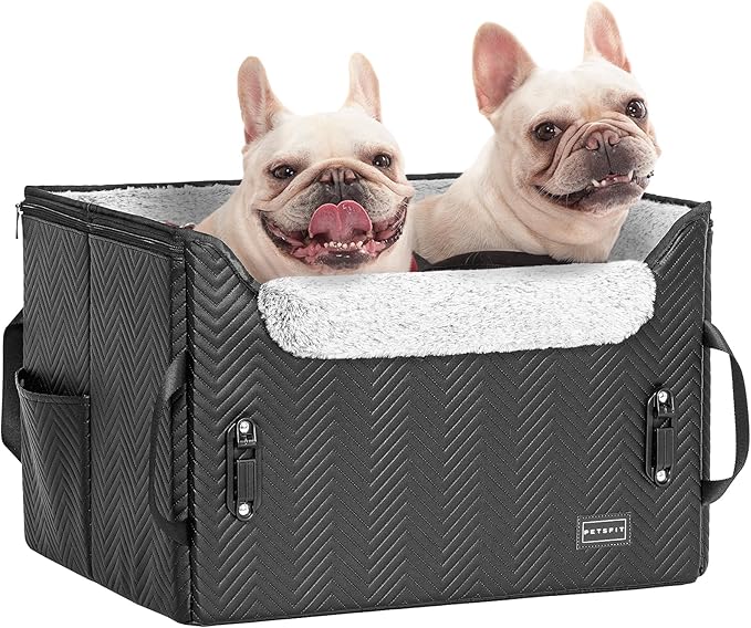 PETSFIT Dog Car Seat Medium Sized Dog, Waterproof PU Leather Dog Seat for Car with Patented Safe Buckles, 2 Clip-On Safety Leashes, Suitable for 2 Small Dogs (Medium, Black)