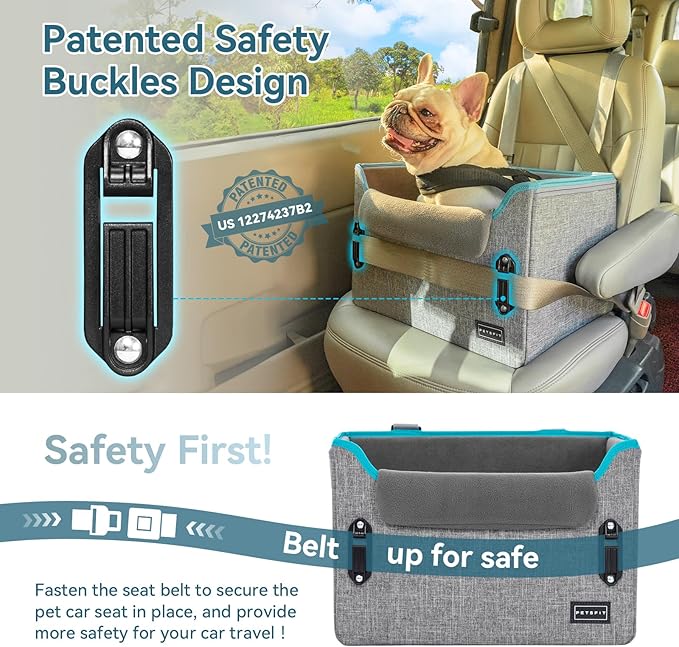PETSFIT Dog Car Seats for Small Dogs, Patent Safety Buckles Dog Booster Car Seat, Dog Carseat with Safety Belt, Suitable for Small Pets Up to 25lbs (Grey)