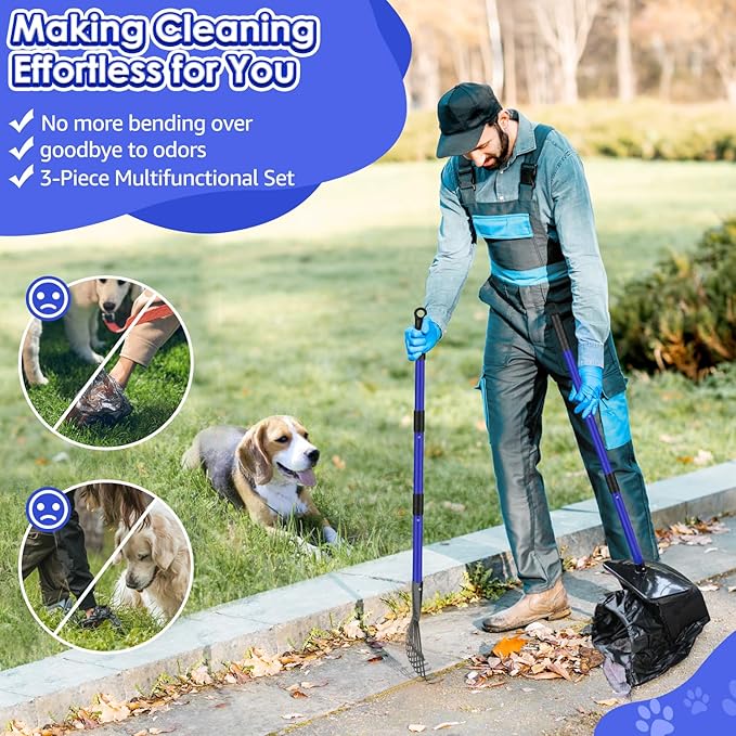 SlowTon Dog Pooper Scooper - 37.4" Long Handle Adjustable Metal Swivel Bin & Rake & Spade Kit with 20 Waste Bags, Portable Pooper Scooper for Gravel Lawn Grass, Suit for Small Medium Large Dog