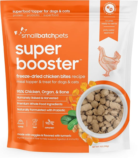smallbatch Freeze Dried Dog Treats, Superfood Food Topper Chicken Bites for Dogs & Cats, Probiotics, Organic Ingredients, High Protein, Grain Free Healthy Treat Food Topper, Made in The USA, 7 oz Bag