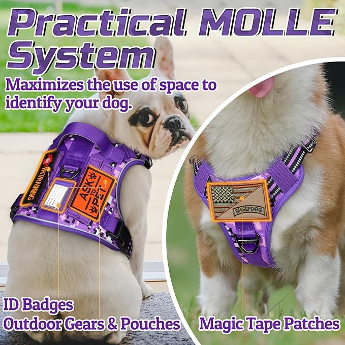 rabbitgoo Tactical Dog Harness for Large Dogs, No Pull Military Service Vest with Handle & Molle, Easy Control for Training Walking, Adjustable Reflective Straps, Purple Camo, L