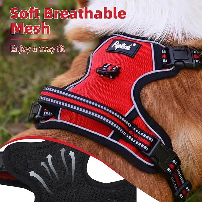 PUPTECK No Pull Dog Harness Medium Sized, Adjustable Reflective Dog Harness with Handle Easy Control, Comfortable Soft Padded Pet Vest Harness for Medium Dogs, Red M