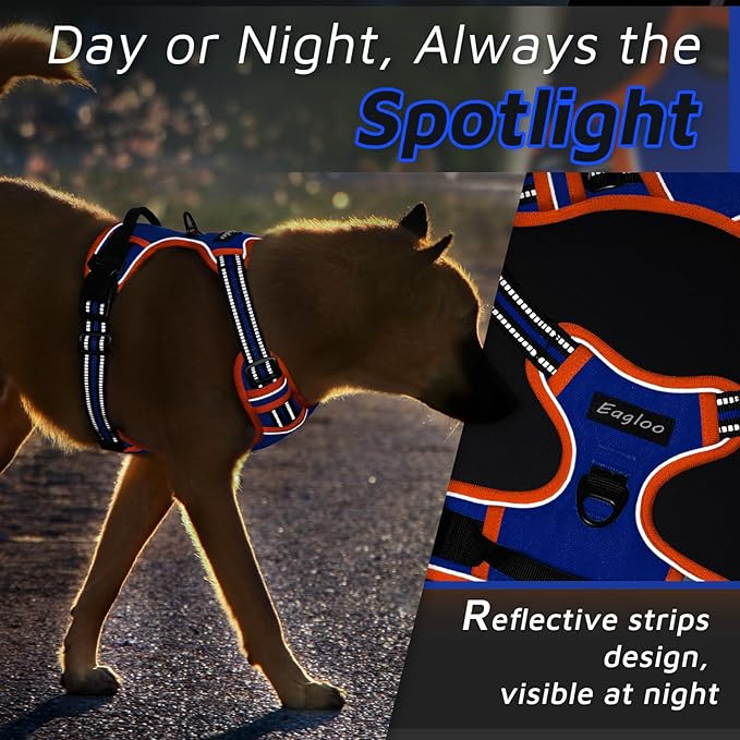 Eagloo Dog Harness for Large Dogs, No Pull Service Vest with Reflective Strips and Control Handle, Adjustable and Comfortable for Walking, No Choke Harness with 2 Metal Rings, Blue & Orange, M