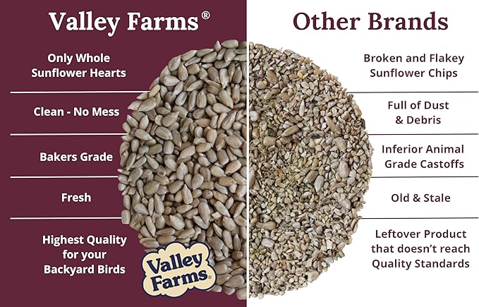 Valley Farms Whole Sunflower Hearts for Birds, Girasol Kernels Wild Bird Food, No Mess Wild Bird Seed for Outside Feeders (4 LBS)