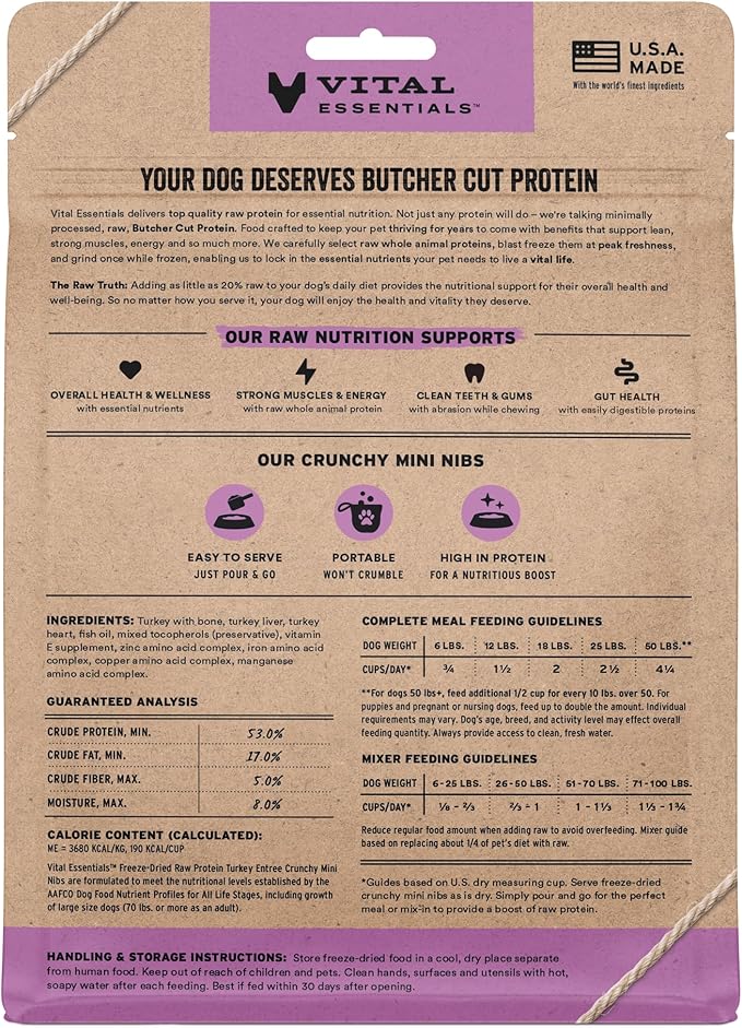 Vital Essentials Freeze-Dried Raw Turkey Meal or Mixer Dog Food Crunchy Mini Nibs, 5.5 oz