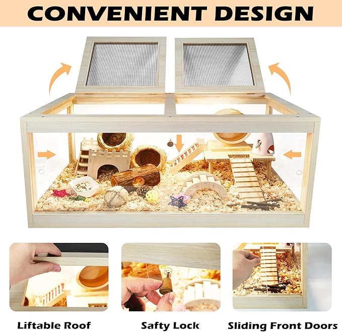 Prolee Hamster Habitat Chewproof, Mice and Rat Habitat with Transparent Sides, Hamster Cage with Openable Mesh Top, Solid Built with Lock Design (48" L x 20" W x 20" H)