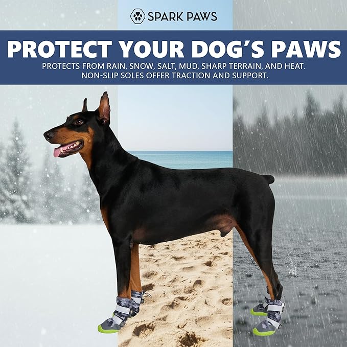 Spark Paws Dog Shoes, Waterproof Dog Boots for Medium to Large Dogs, Non Slip, Breathable Dog Booties and Paw Protectors - 4PCS Doggie Hiking Boots with Reflective Straps, Gray Camo, Size 5