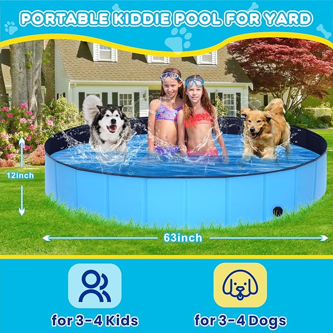 Foldable Dog Pool - 63" x 12" Anti-Slip Portable Dog Swimming Pool, Hard Plastic Collapsible Kiddie Pool for Outdoor and Indoor for Pets Dogs Cats and Kids