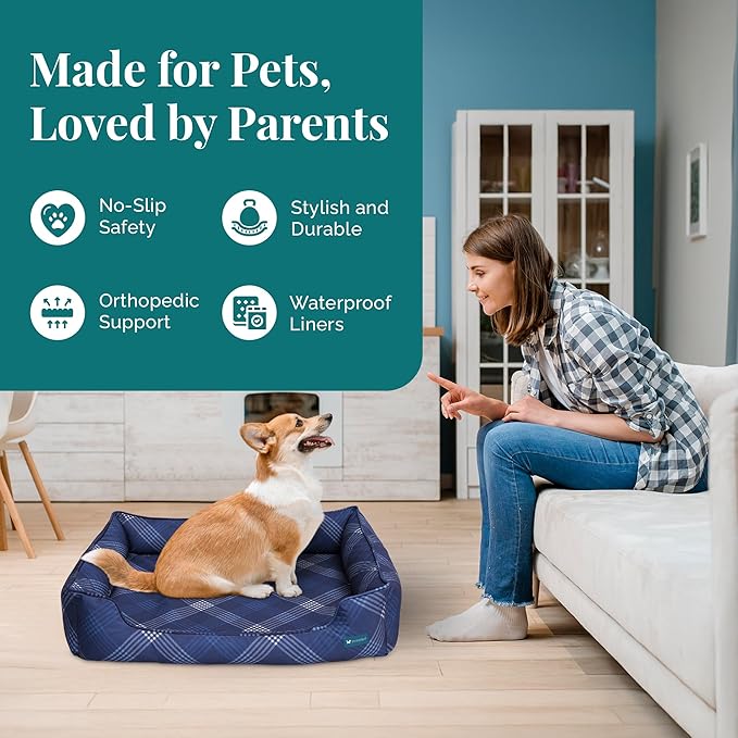 Orthopedic Bolster Dog Bed – CertiPUR-US Foam, Recycled Polyester Canvas, Washable Cover, Anti-Slip Bottom, Large, Navy Plaid – Stylish Designer Dog Sofa