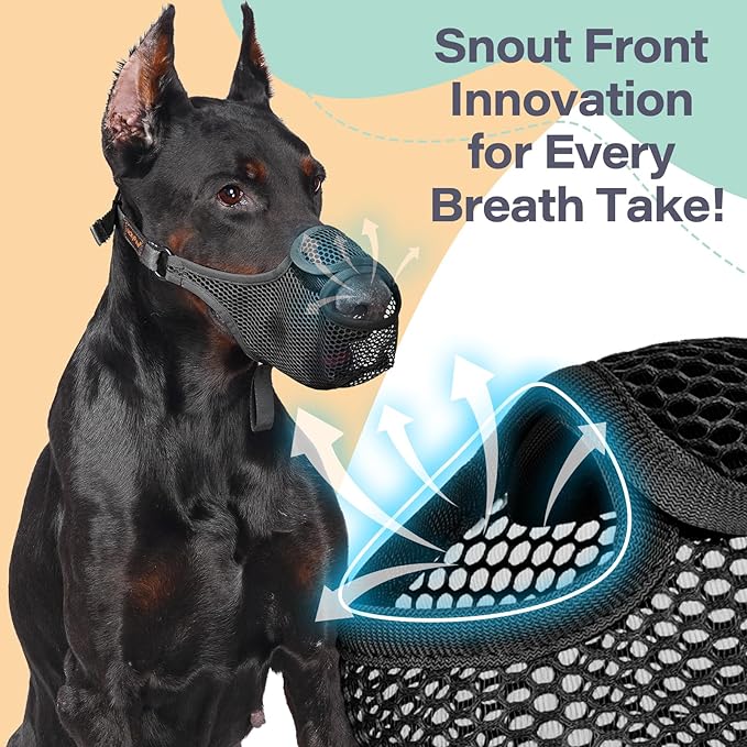 LUCKYPAW Dog Muzzle for Large Medium Small Dogs, Patented Mesh Muzzle to Prevent Biting Chewing Eating, Soft Mouth Guard with Front Opening Design for Drinking Panting(Black, L)