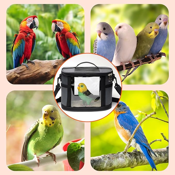 Bird Travel Carrierm, Small Bird Travel Backpack Carrier Cage with Tray and Breathable Clear Window, for Parakeet Cockatiel Budgies, for Camping Hiking (Large-Black)