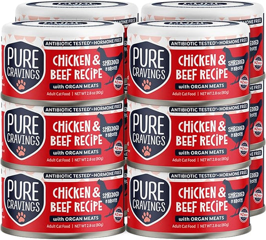 Chicken and Beef Recipe in Broth, Shredded Wet Cat Food, Grain-Free Protein, Non-GMO, 12 Pack