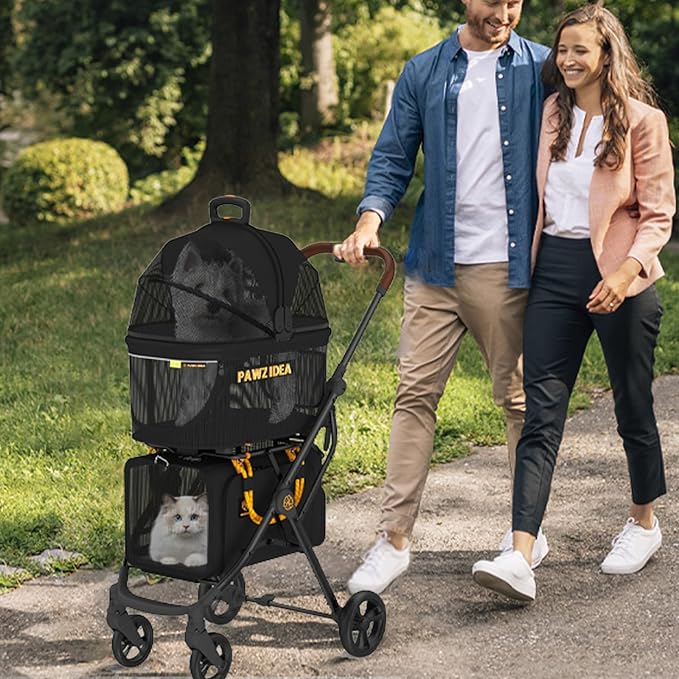 PAWZIDEA Double Pet Stroller with 2 Detachable Carriers, Portable Dog Crate for Car Travel & TSA-Approved Expandable Cat Carrier, Foldable Lightweight Jogger Stroller for 2–4 Cats or Small/Medium Dogs