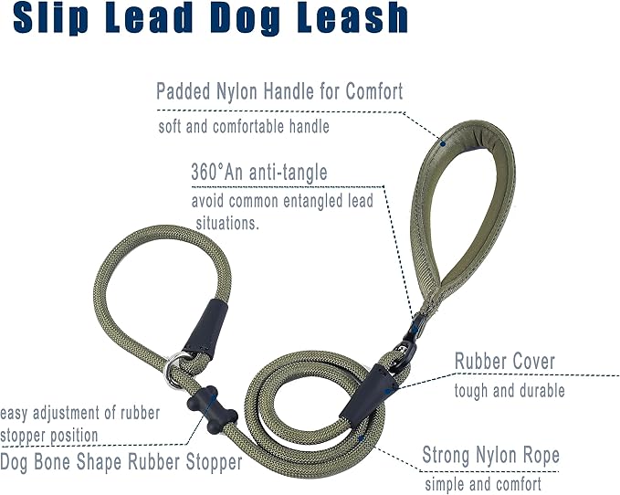 Slip Lead Dog Leash，Strong Nylon Rope Leash and Padded Handle,No Pull Outdoor Walking Training Lead for Small Medium Large Dogs(Army Green,1/2"×4ft)