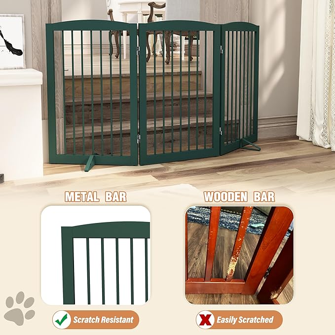 Freestanding Pet Gate for Dogs, Foldable Wooden Dog Gate for House Indoor, Step Over Pet Puppy Safety Fence for Stair, Doorway,Hall, Support Feet Included,3 Panels 32",Green
