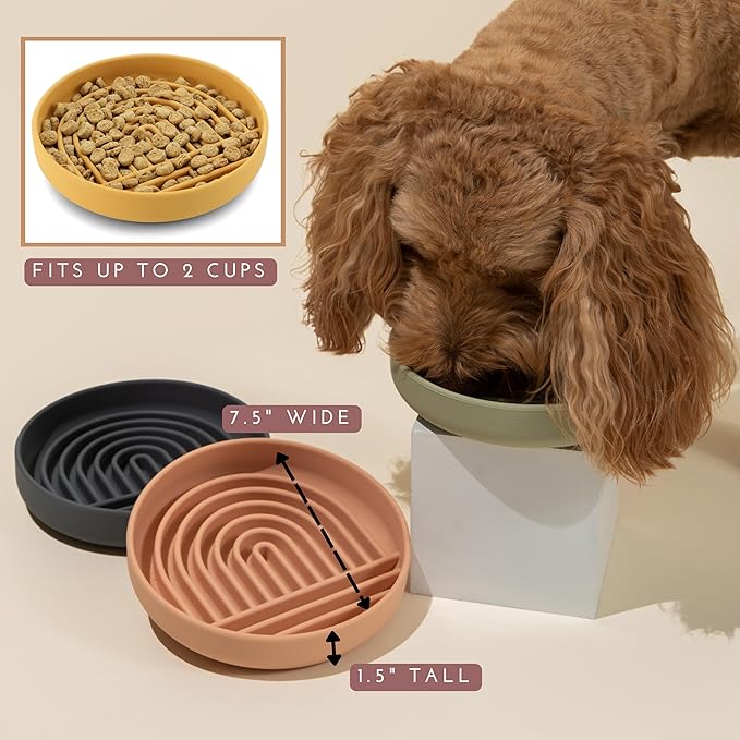 The Slowdown Bowl Silicone Slow Feeder for Dogs & Puppies, Slow Eating, Modern Lick Mat Design, Reduces Gulping, Fits 2 Cups 7.5” Across x 1.5” Tall, Mealtime Challenge, Medium-Charcoal