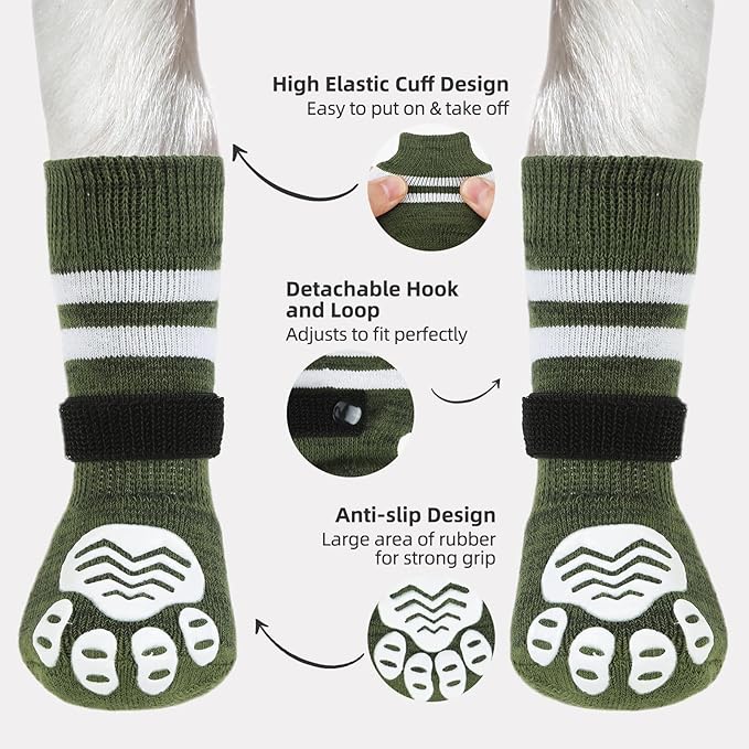 PUPTECK Non-slip Dog Socks to Prevent Licking Paws, Double Sides Dog Boots & Paw Protectors Booties Traction on Hardwood Floors Hot Pavement with Grippers, for Small Medium Large Senior Dogs, Green XL