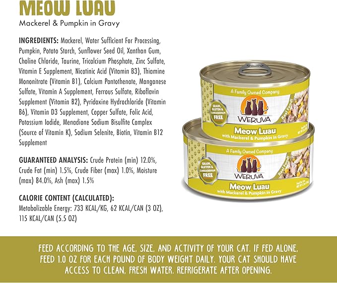 Weruva Classic Cat Food, Meow Luau with Mackerel & Pumpkin in Gravy, 3oz Can (Pack of 24)