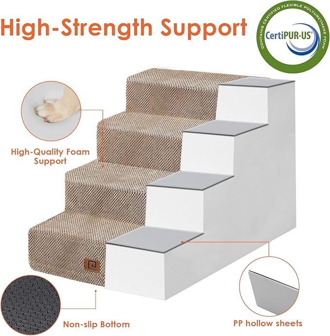 EHEYCIGA Dog Stairs for Bed 20" H, 4-Step Extra Wide Dog Steps for High Bed, Pet Steps for Small Dogs and Cats, Non-Slip Balanced Pet Ramp Indoor, Camel
