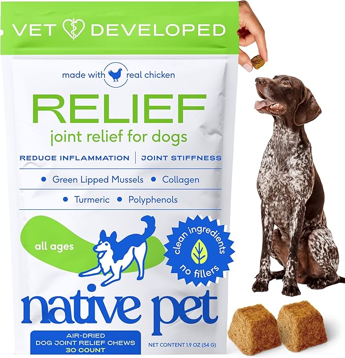 Native Pet Pain Relief for Dogs - Collagen for Dogs Promotes Joint Health, Reduce Inflammation & Stiffness - Senior Pup Joint Supplement - Natural Pain Reliever for Active & Aging Pets - 30 Chews