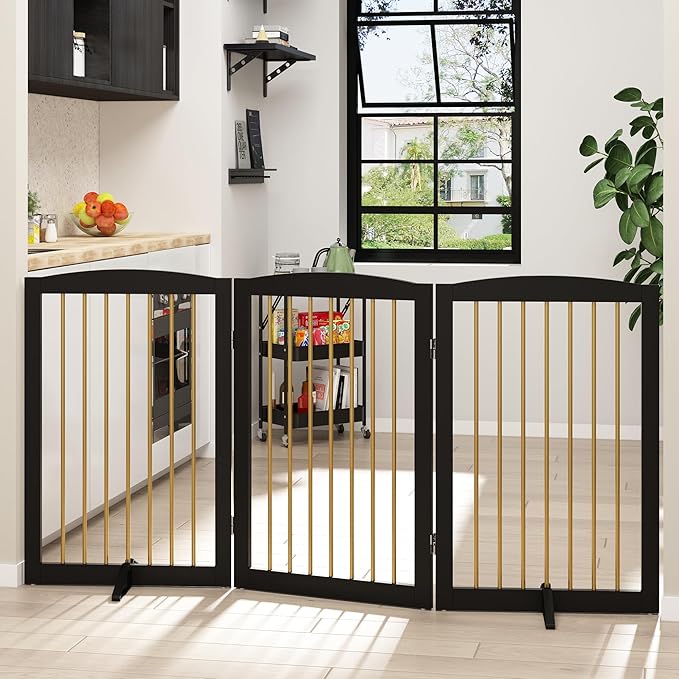 Freestanding Pet Gate for Dogs, Foldable Wooden Dog Gate for House Indoor, Step Over Pet Puppy Safety Fence for Stair, Doorway,Hall, Support Feet Included,3 Panels 32",Black&Gold