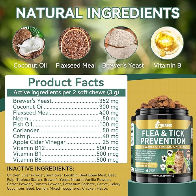 Natural Flea Treatment for Cats Chewables, 200 Soft Treats Flea and Tick Prevention for Cats, Oral Flea Supplement for Kitten Cat, Cat Flea and Tick Treatment, Skin & Coat Support - All Breeds & Ages