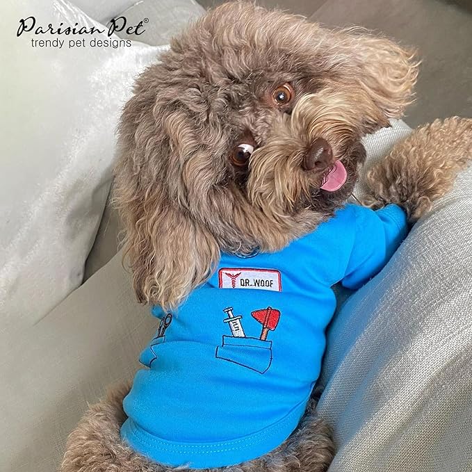 Parisian Pet Doctor Woof Dog Shirt - Embroidered Dog Pirate Costume - 100% Cotton & Polyester Doctor Outfit for Dog - Sleeved Dog Clothes - Blue Funny Dog Shirts for Large Dogs - Pet Costumes - L