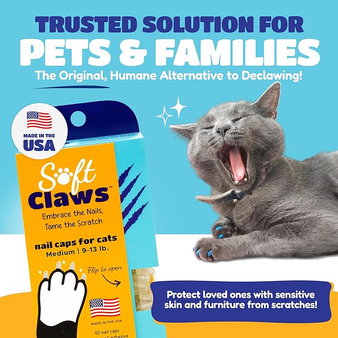 Soft Claws Cat Nail Caps for Medium Cats – (40 Caps, Clear) - Made in USA - Veterinarian-Developed | Protects Furniture & Skin - Easy to Apply, Long-Lasting Anti-Scratch Soft Cat Claw Covers