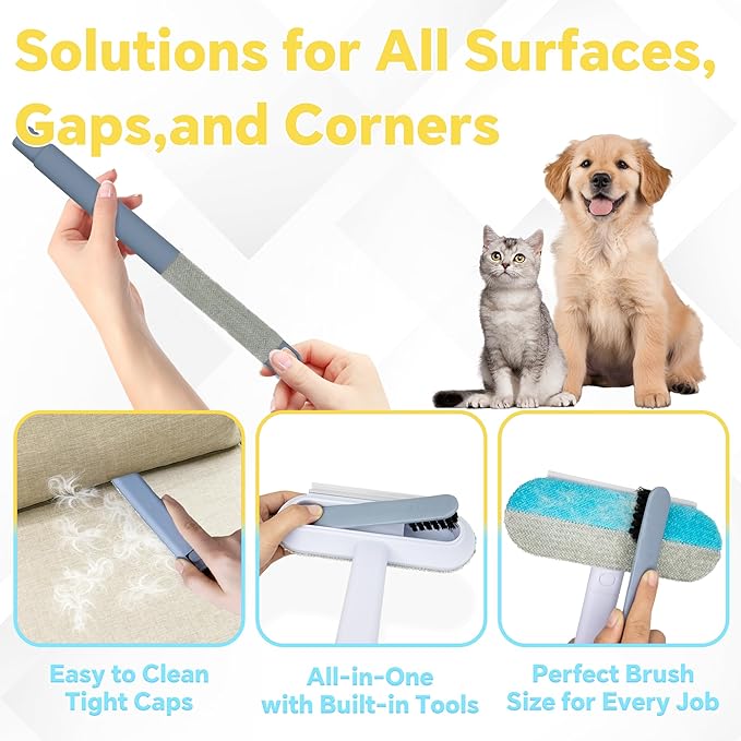 Pet Hair Removal Tool, 4 in 1 Cat and Dog Hair Remover, Gentle on Furniture, Reusable, Washable Cat Hair Remover Brush for Car, Couch, Carpet, Clothes, Window and Laundry