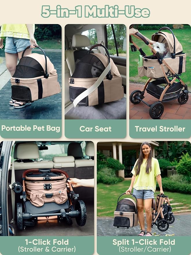 Dog Stroller, Cat Strollers, 5-in-1 Pet Stroller with Detachable Waterproof Carrier for Small/Medium Dogs Cats up to 55lbs, All-in-One Fold Without Detaching Carrier for Dogs Cats 10 lbs to 55 lbs