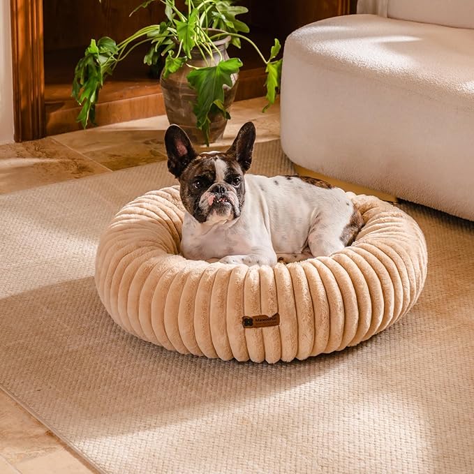 MEWOOFUN Donut Dog Beds for Small Dog, Calming Bed Round Cute Puppy Bed with Non-Slip Bottom, Fluffy Washable Pet Bed for Puppy and Kitten (Light Brown, S (25x25x7))