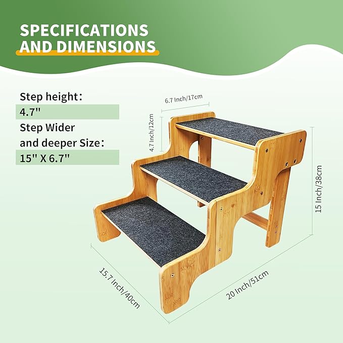Dog Stairs for Small Dogs,3-Step Bamboo Wooden Dog/Pet/Cat Steps Ramp for Couch Sofa,Bed and Car, Can Support Weighing Up to 160 LB,