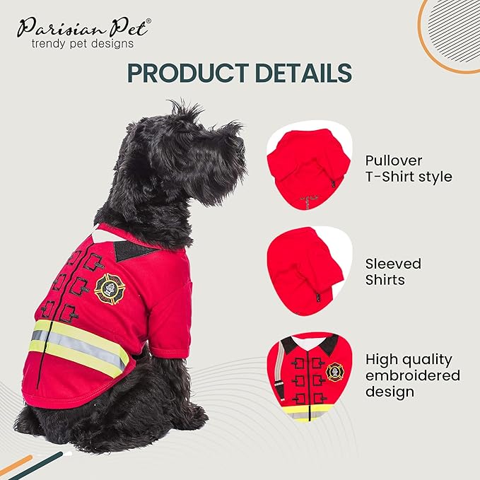 Parisian Pet Embroidered Firefighter Dog Costume - 100% Cotton & Polyester - Sleeved - Red - Large - Lightweight