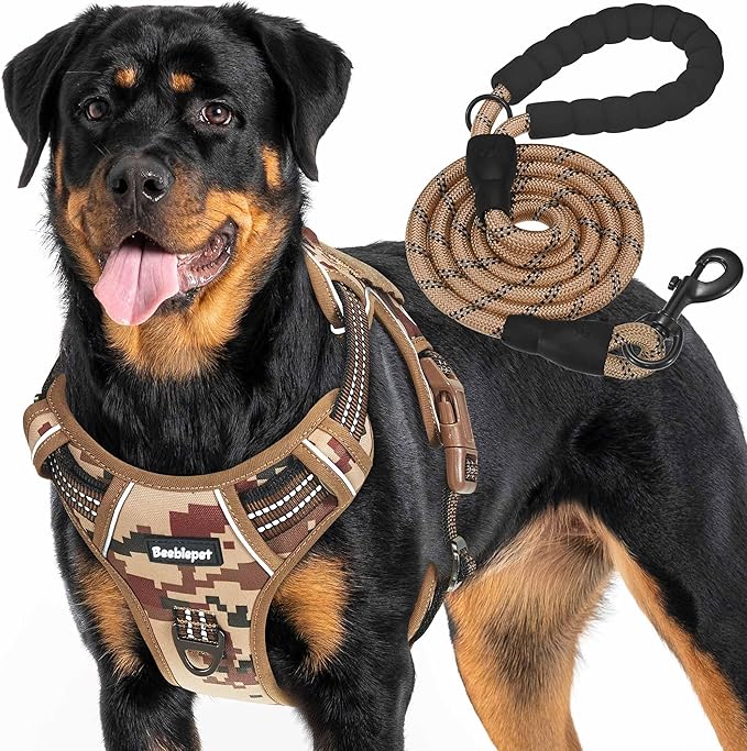 Heavy Duty Tactical Dog Harness for Large Dogs, No Pull Adjustable Pet Harness Reflective Service Training Easy Control Pet Vest Military K9 Working Dog Harnesses- Large, Desert Camo