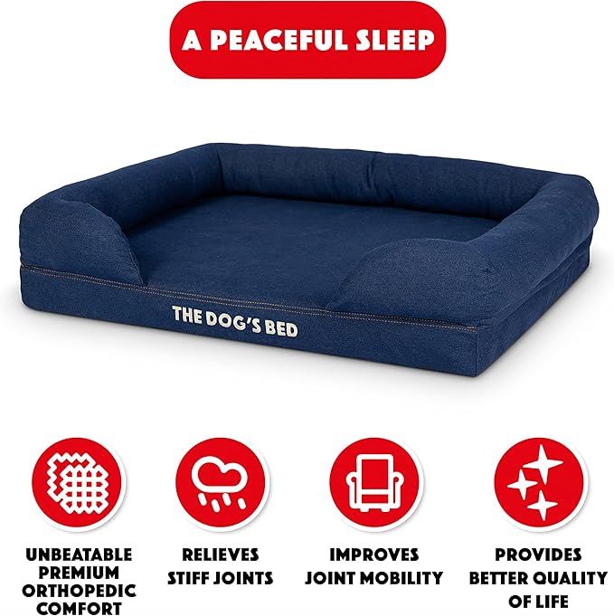 The Dog’s Bed, Med Blue Denim 30x23.5, Memory Foam, Pain Relief: Arthritis, Hip & Elbow Dysplasia, Post Surgery, Lameness, Supportive, Calming, Waterproof Washable Cover, Veterinary Approved