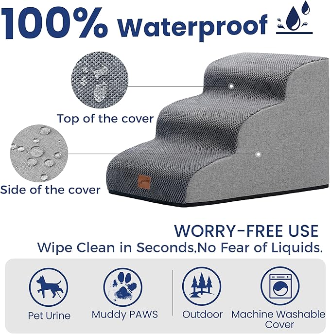 GoGoBunny Ramp Dog Stairs for Couch Sofa and Chair 15.7" H, 3-Step Pet Steps for Small Dogs and Cats, Non-Slip Waterproof Fabric Cover, Stable and Balanced Indoor Step, Pets Friendly, Grey
