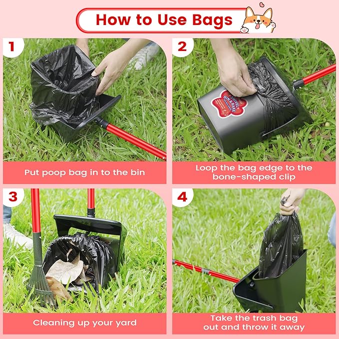 Pooper Scooper Swivel Bin & Rake & Spade with 60 Waste Bags, Heavy Duty Dog Poop Scooper for Large Medium Small Dogs, Long Stainless Steel Handle Use on Yard, Grass, Dirt or Gravel