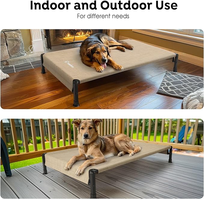 Veehoo Cooling Outdoor Dog Bed, Heavy Duty Elevated Pet Bed with Washable & Breathable Teslin Mesh, Non-Slip Silicon Feet, Dog Cot Bed with Support Hem, 35" x 22", Beige Coffee, CWC2433