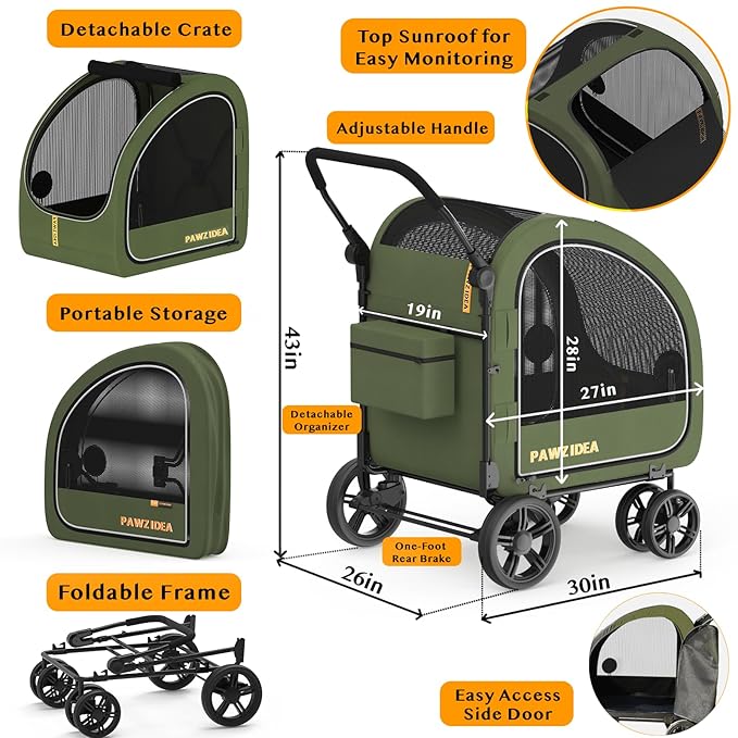 PAWZIDEA Dog Stroller for Large Dogs, Collapsible Pet Stroller with Detachable Carrier, Portable Dog Crate for Car Seat, Adjustable Handle, All-Terrain 9” Wheels, Ideal for Travel & Outdoor Adventures