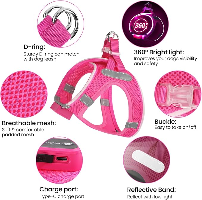PceoTllar Light Up Dog Harness, LED No Pull Reflective Dog Harness, Flashing Lighted for Night Walking - Small/Medium, (Pink,XS)