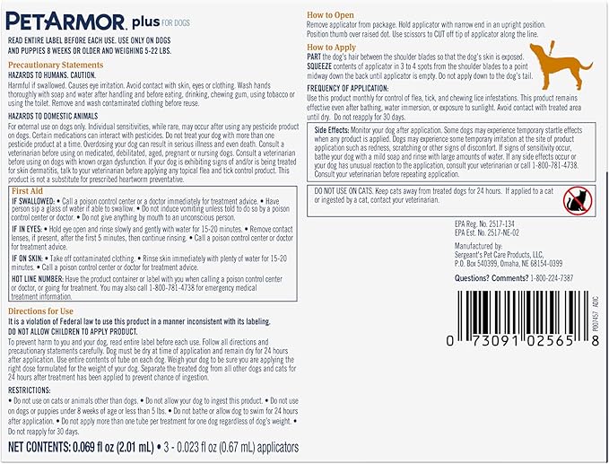 PetArmor Plus Flea and Tick Prevention for Dogs, Dog Flea and Tick Treatment, 3 Doses, Waterproof Topical, Fast Acting, Small Dogs (5-22 lbs)