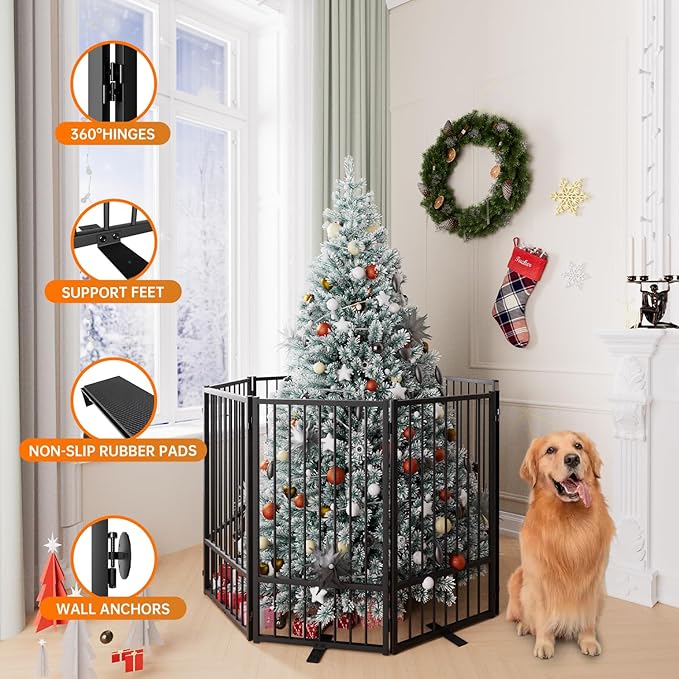 Full Metal Freestanding Dog Gate with Door, 36''Height Foldable Pet Dog Fence for Indoor & Outdoor, 8 Panels Extra Wide Free Standing TallDog Gates for Doorways,House,Stairs,Porch,Deck,Yard