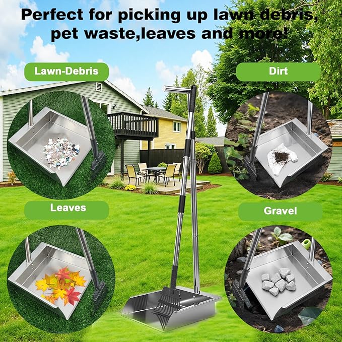 Heavy Duty Metal Pooper Scooper, Dog Pooper Scooper for Large Medium Dogs Long Handle Stainless Tray and Rake Set，Extremely Durable Metal Stainless Steel Dustpan for Indoor Outdoor Cleaning 。