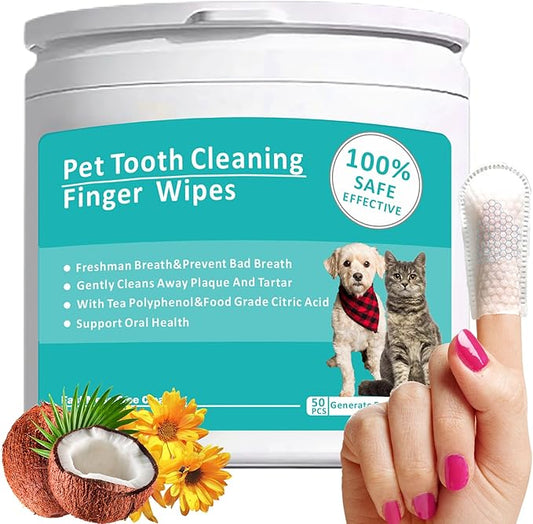 Teeth Cleaning Wipes for Pets 50Pcs ，Dog & Cat Teeth Cleaning Wipes，Pet Teeth Cleaning Finger Mitt Dental Wipe，Pet Teeth Cleaning Finger Wipes，Natural Formula Finger Grooming Wipe for Pets