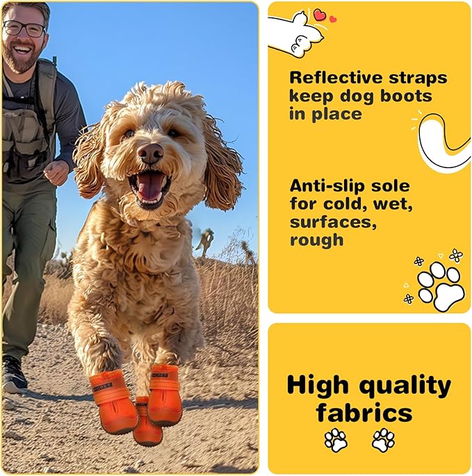 Hcpet Dog Shoes for Large Dogs, Breathable Dog Booties for Small Medium Dogs, Anti-Slip Dog Boots & Paw Protectors for Hot Pavement Winter Snow Hiking with Reflective Straps Orange Size 2