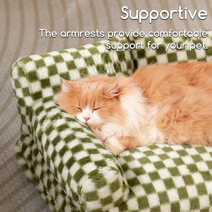 Hollypet Fluffy Plush Dog Cat Pet Couch Soft Calming Sofa Bed for Medium Small Cats and Dogs, Green and White