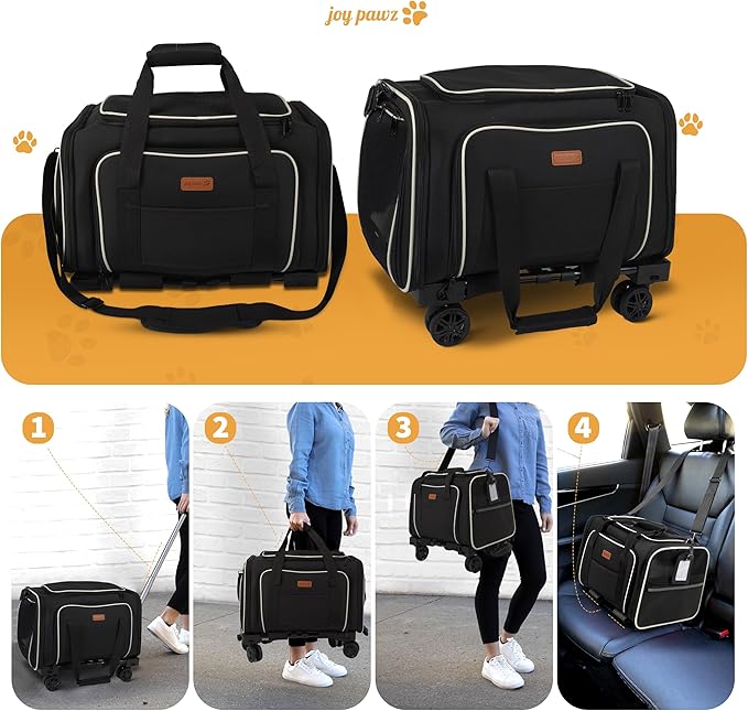 Pet Carrier for Travel - Small Dogs/Cats - 15 LBS MAX Dogs/Cats Expandable - Airline Approved & Roomy - Premium Pets Carrier with Wheels - Cozy Soft-Lined Travel Carrier - Stylish Black Design