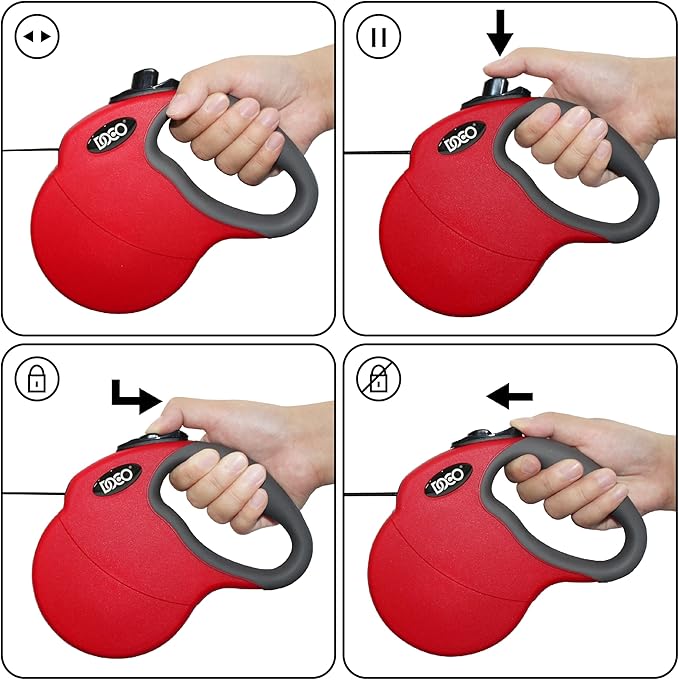 DOCO Retractable Dog Leash for Large Dogs (Length - 13ft, Weight - Upto 22lb) Reflective Tape Lead with Stop and Lock Control, Tangle Free 360° Swivel Snap & Anti-Slip Grip (Red, Small)