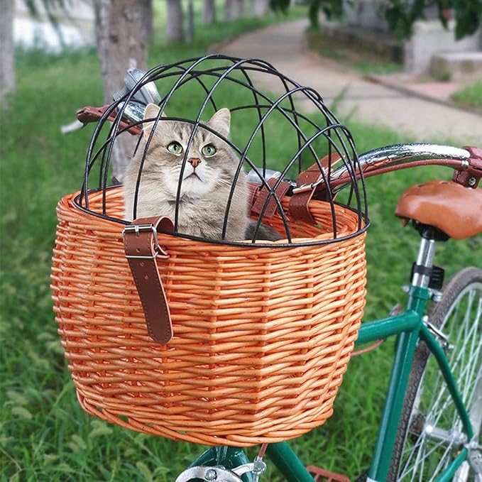 Shiker Bicycle Basket with Wire Mesh Cover, Wicker Bike Basket for Small Dogs Cats, Front Handlebar Bike Basket, Easy to Detachable, 11.81 x 9.84 inch