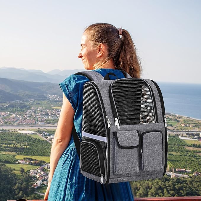 Pet Backpack, Airline Approved Dog Backpack, Cat Bag for Travel Hiking Bike Riding Walking Outdoor, Cat Backpack with Breathable Mesh(Gray)